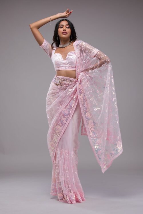 Sparkling Baby Pink Sequined Tissue Saree