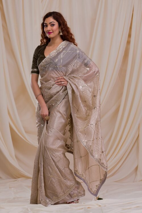 Elegant Beige Gotapatti Organza Saree for a Timeless Look
