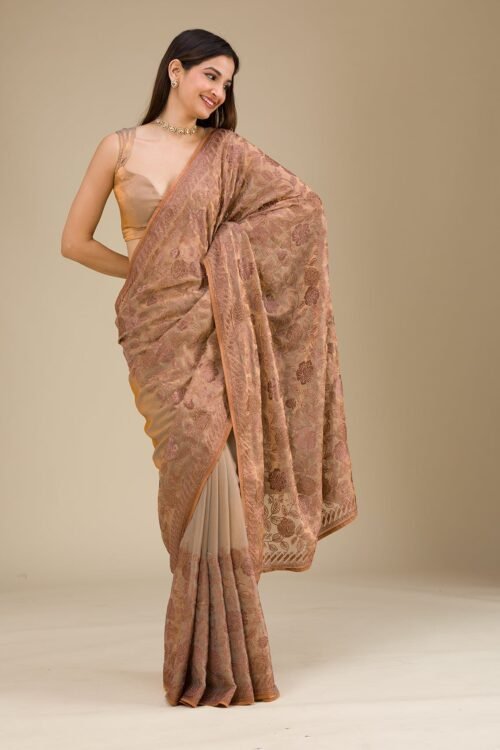 Elegant Beige Raw Silk Saree with Intricate Threadwork