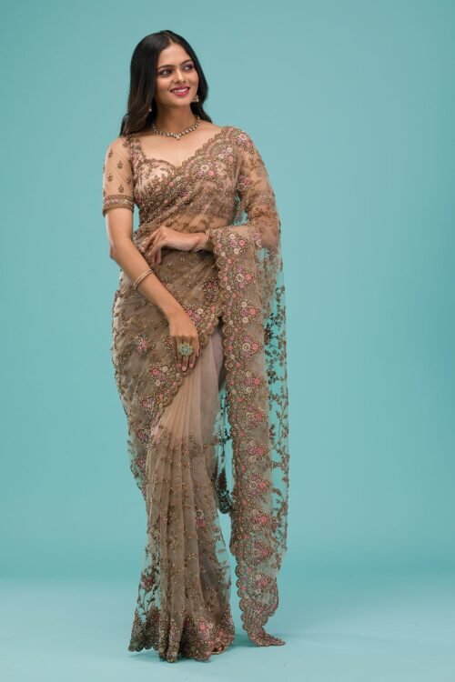 Elegant Beige Zariwork Net Saree