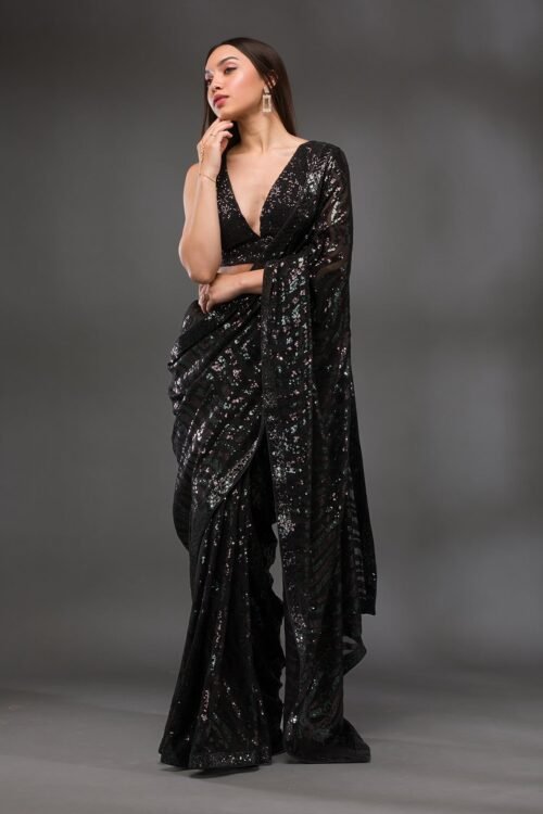 Stunning Black Georgette Saree Adorned with Dazzling Sequins