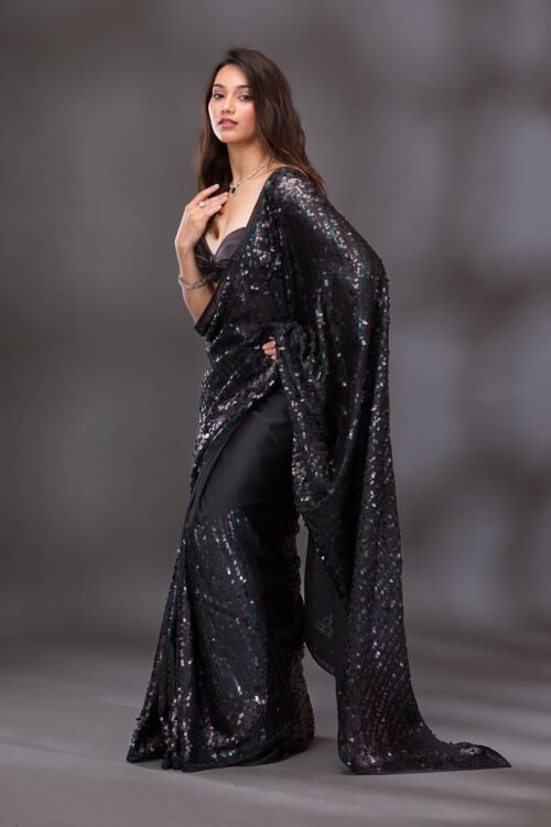 Elegant Black Georgette Saree Adorned with Shimmering Sequins