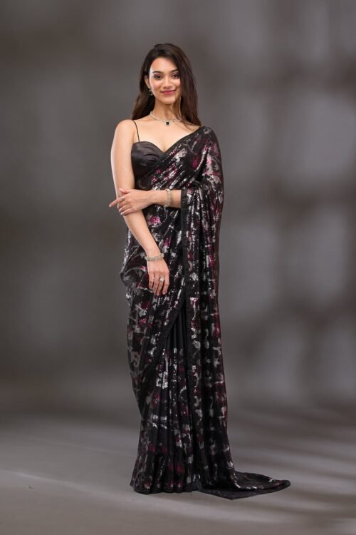 Elegant Black Sequined Georgette Saree