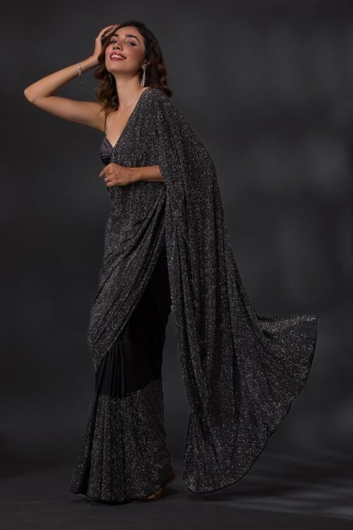 Elegant Black Stone-Embellished Crepe Designer Saree