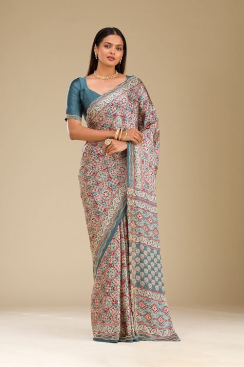 Elegant Blue Satin Saree with Stunning Prints