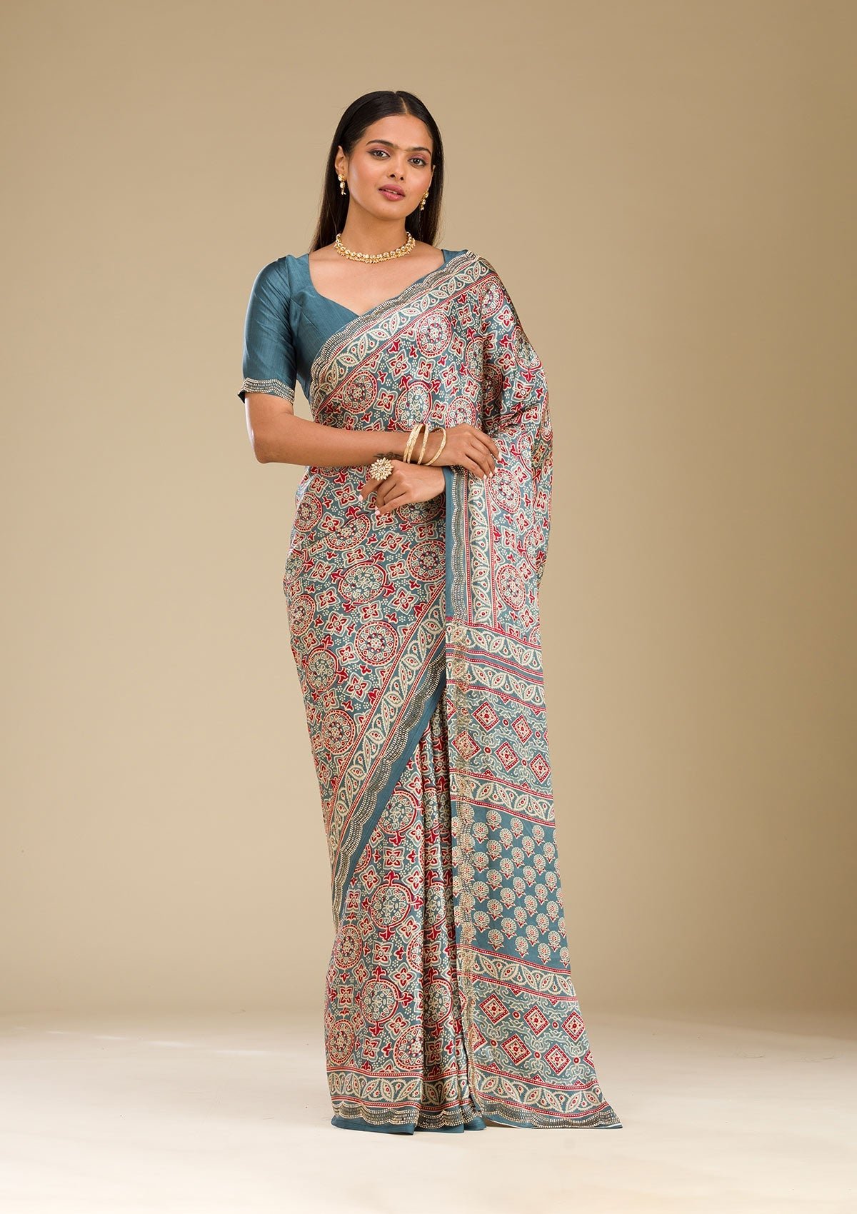 Elegant Blue Satin Saree with Stunning Prints