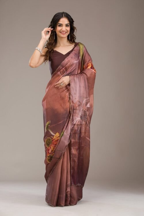 Elegant Brown Printed Tissue Saree for a Stylish Look