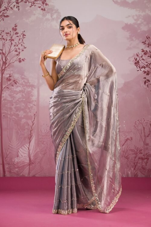 Elegant Grey Mirrorwork Tissue Saree for Stunning Style