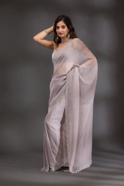 Elegant Grey Silver Stonework Tissue Saree for a Stunning Look