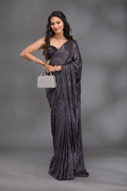 Elegant Grey Satin Saree with Swarovski Accents