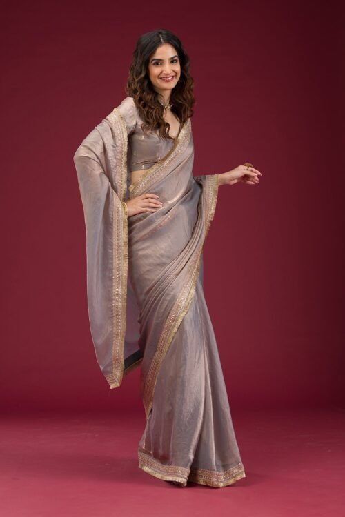 Elegant Grey Threadwork Tissue Saree for a Graceful Look
