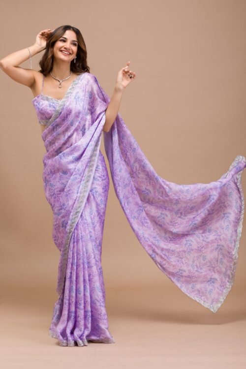 Elegant Lavender Satin Saree with Beautiful Print