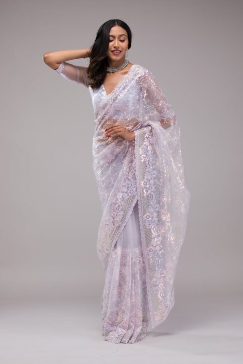 Glamorous Lavender Sequin-Embellished Net Saree