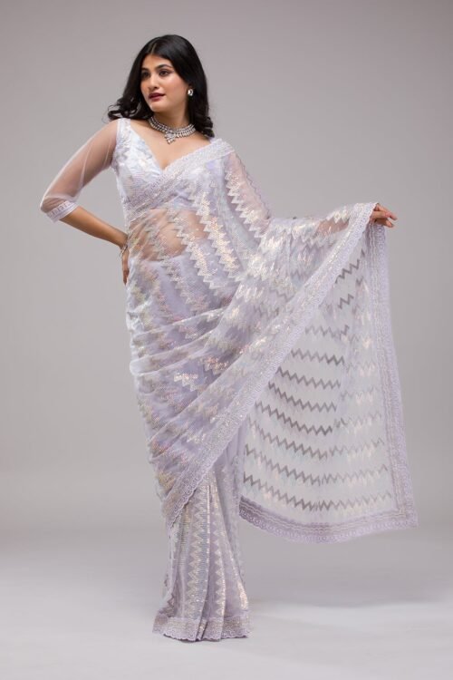 Enchanting Lavender Sequined Net Saree