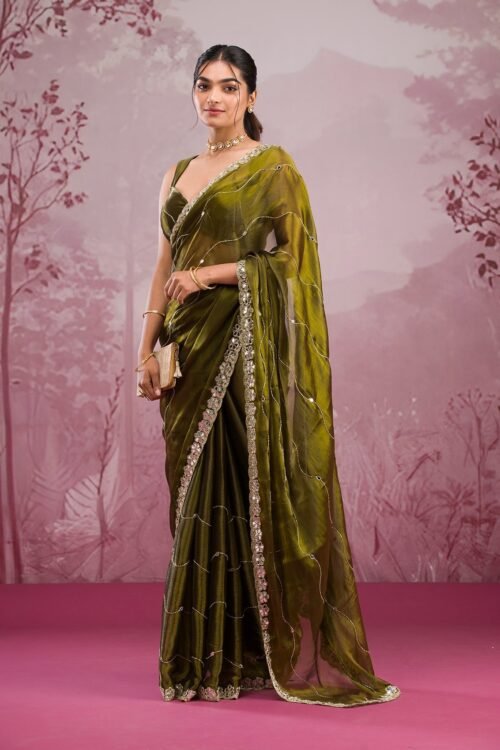 Elegant Mehendi Mirrorwork Tissue Saree for Stunning Occasions