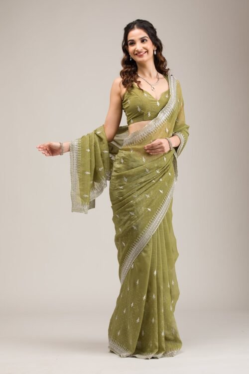 Elegant Mehendi Zari Embroidered Tissue Saree
