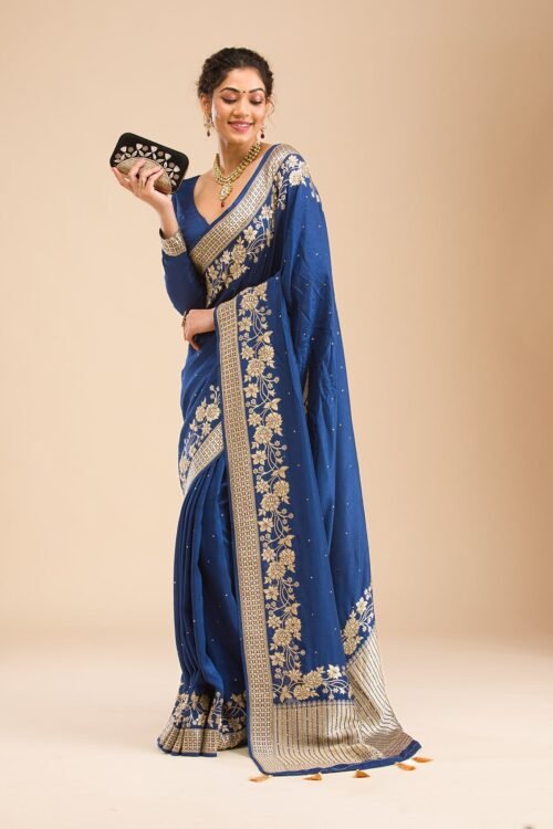 Elegant Navy Blue Banarasi Silk Saree with Exquisite Zari Work