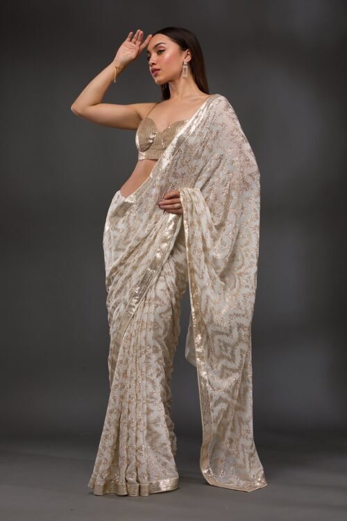 Stunning Off-White Georgette Saree Adorned with Sparkling Sequins