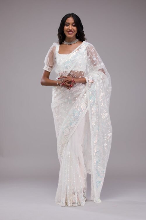 Elegant Off-White Sequined Tissue Saree for a Dazzling Look
