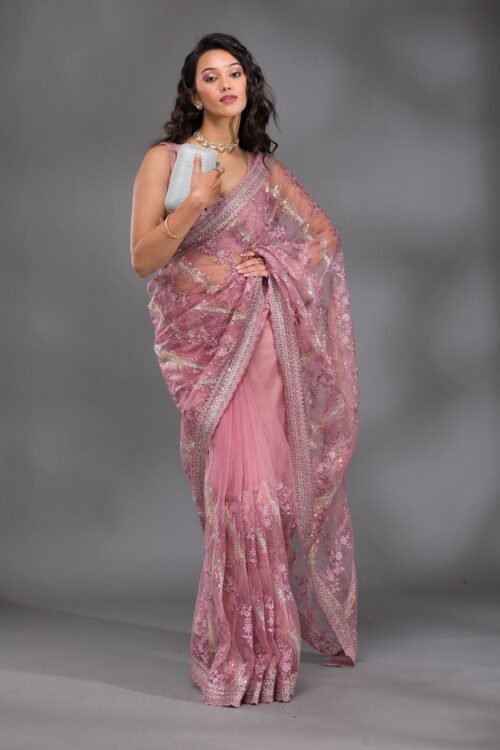 Chic Pink Sequined Net Saree with Onion Hues