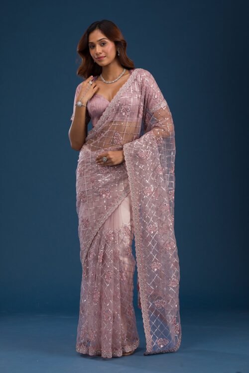 Stunning Pink Sequined Net Saree with Onion Hues