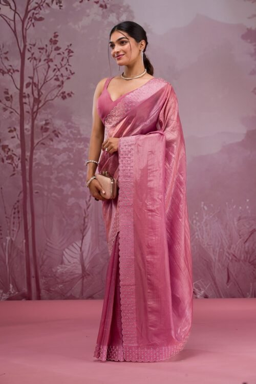 Elegant Onion Pink Tissue Saree Adorned with Sparkling Swarovski Crystals
