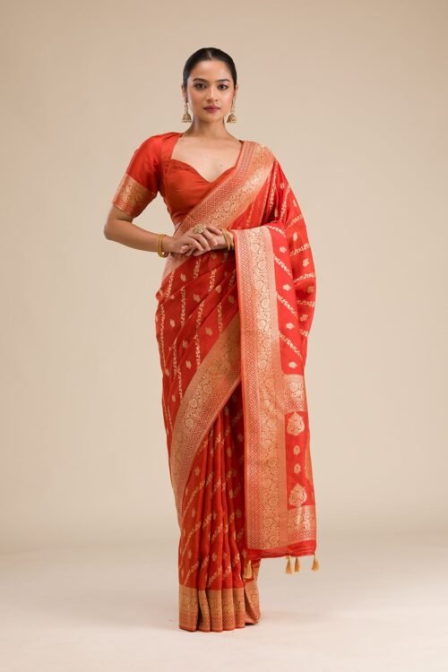 Elegant Orange Semi Crepe Saree with Stunning Zari Work