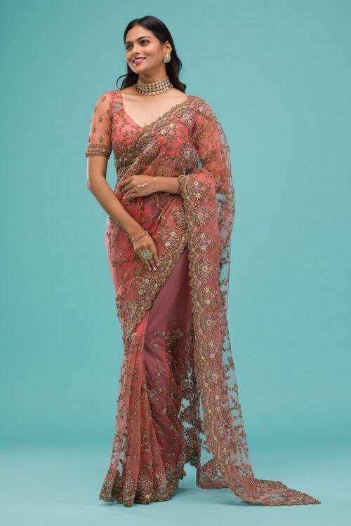 Elegant Peach Zariwork Net Saree