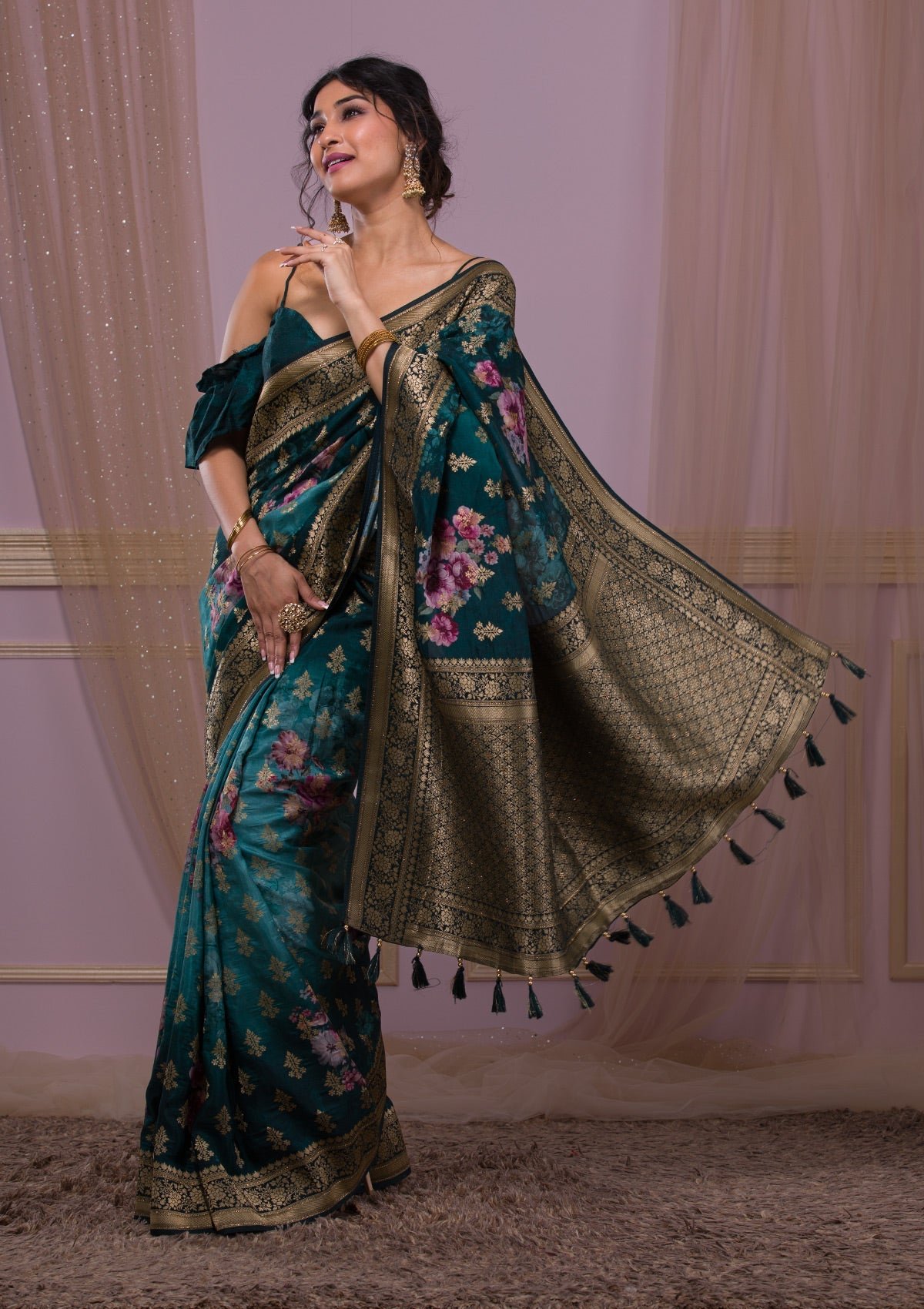 Elegant Peacock Blue Banarasi Silk Saree with Swarovski Accents