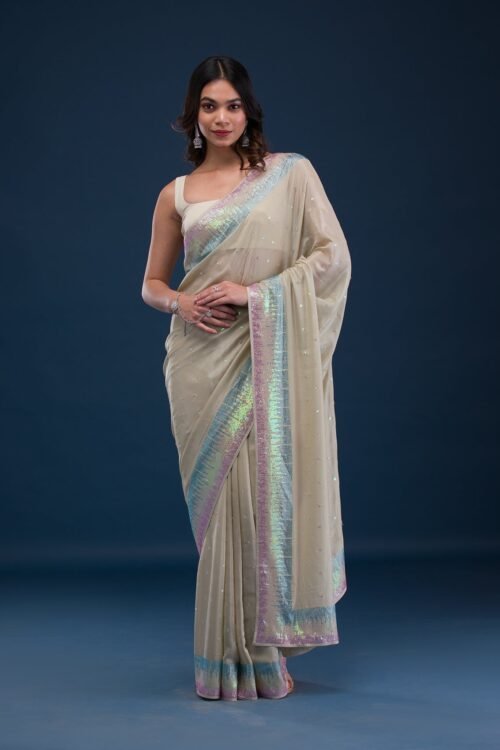 Glistening Pista Green Georgette Saree with Dazzling Sequins
