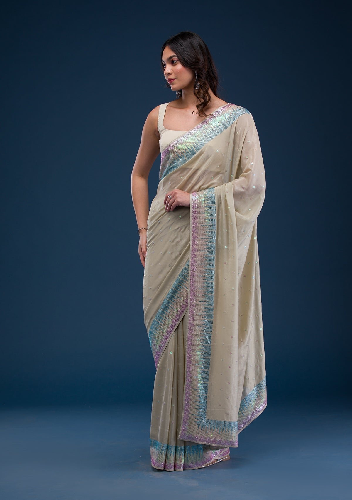 Glistening Pista Green Georgette Saree with Dazzling Sequins - Image 3