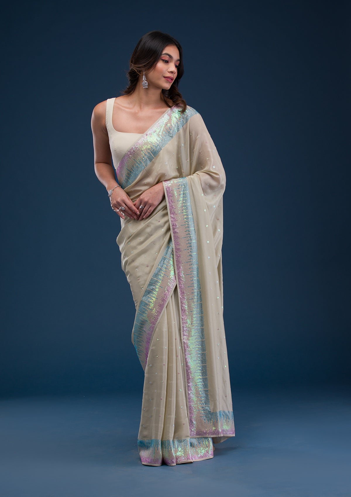 Glistening Pista Green Georgette Saree with Dazzling Sequins - Image 6