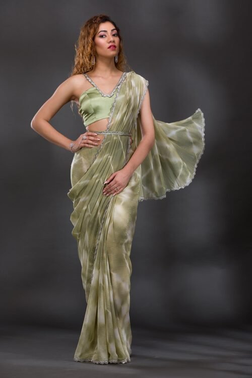 Enchanting Pista Green Georgette Saree with Elegant Stonework and Shimmer