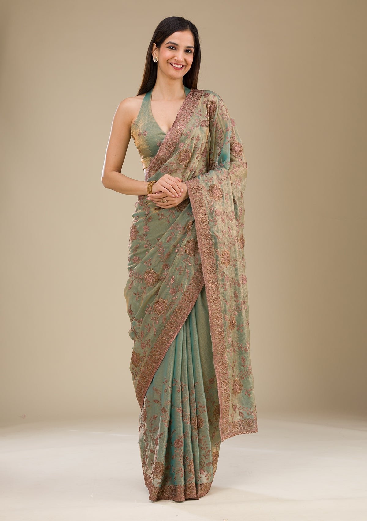 Elegant Pista Green Raw Silk Saree with Intricate Threadwork - Image 3