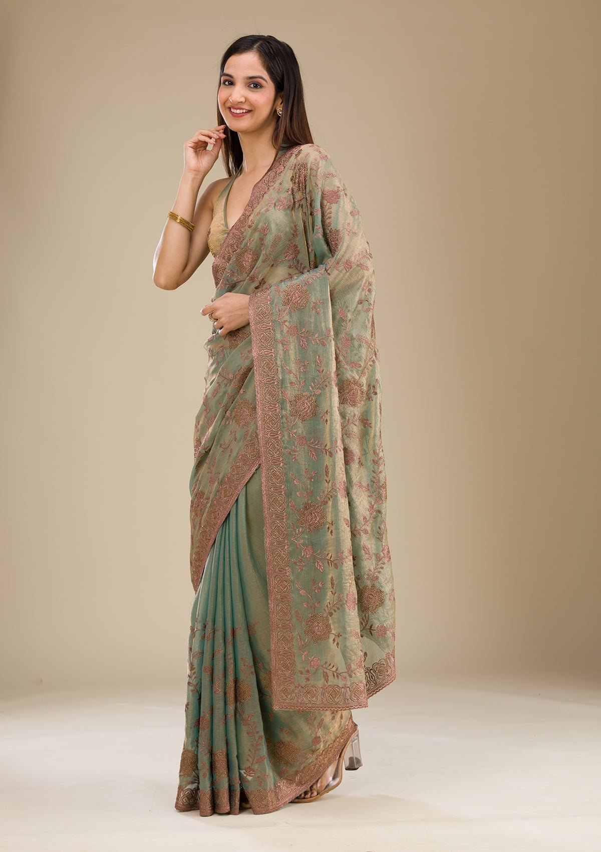 Elegant Pista Green Raw Silk Saree with Intricate Threadwork - Image 4