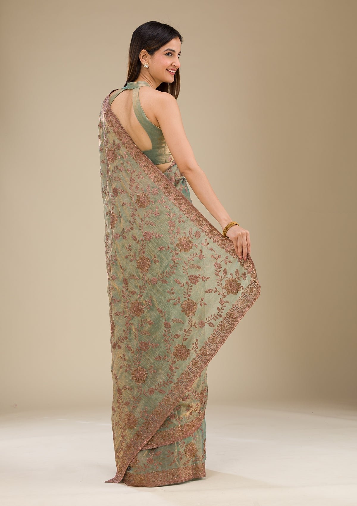 Elegant Pista Green Raw Silk Saree with Intricate Threadwork - Image 2