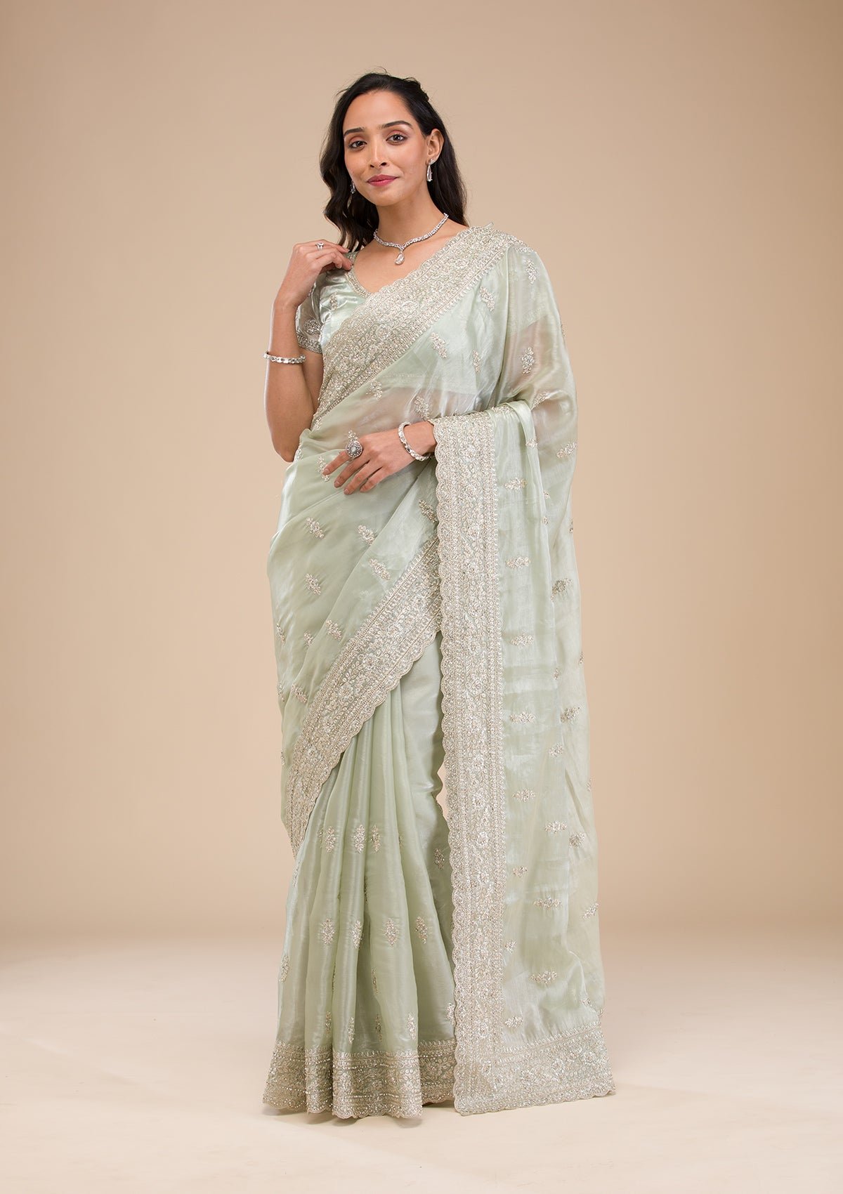 Elegant Pista Green Tissue Saree with Exquisite Zari Work - Image 3