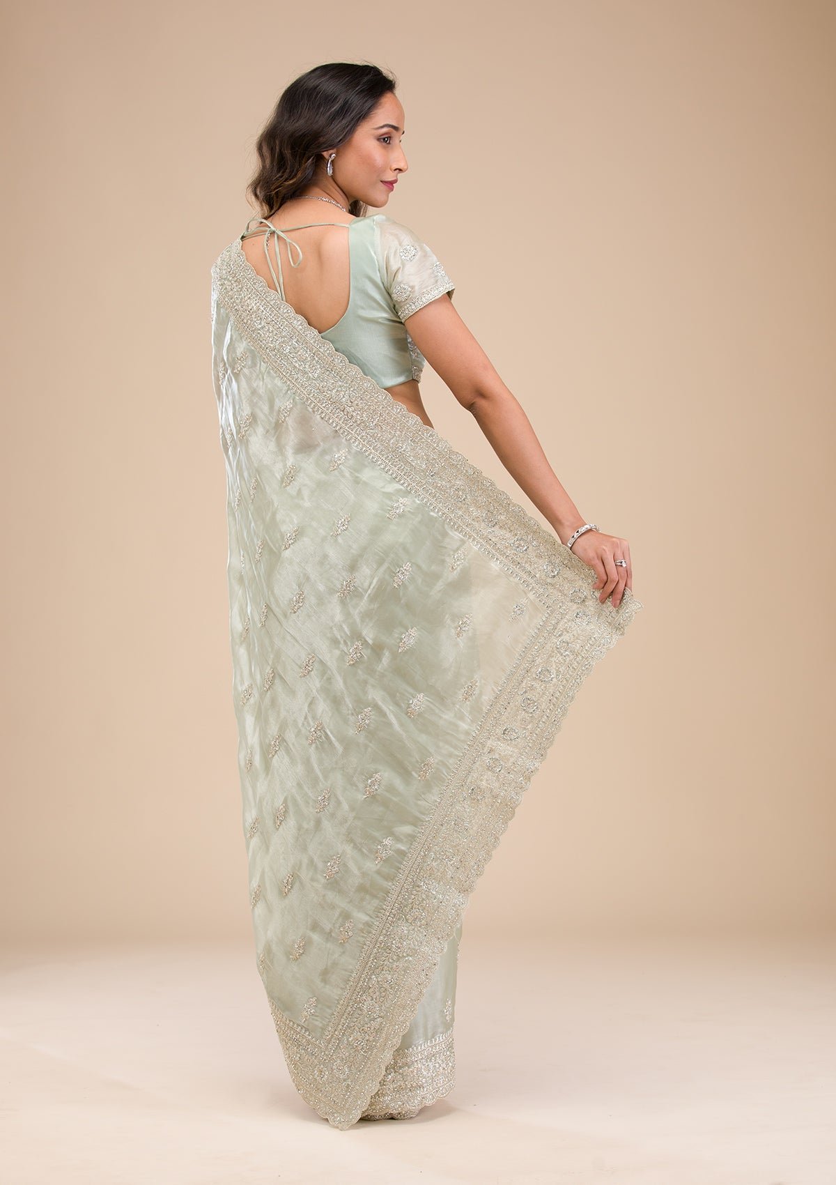 Elegant Pista Green Tissue Saree with Exquisite Zari Work - Image 2