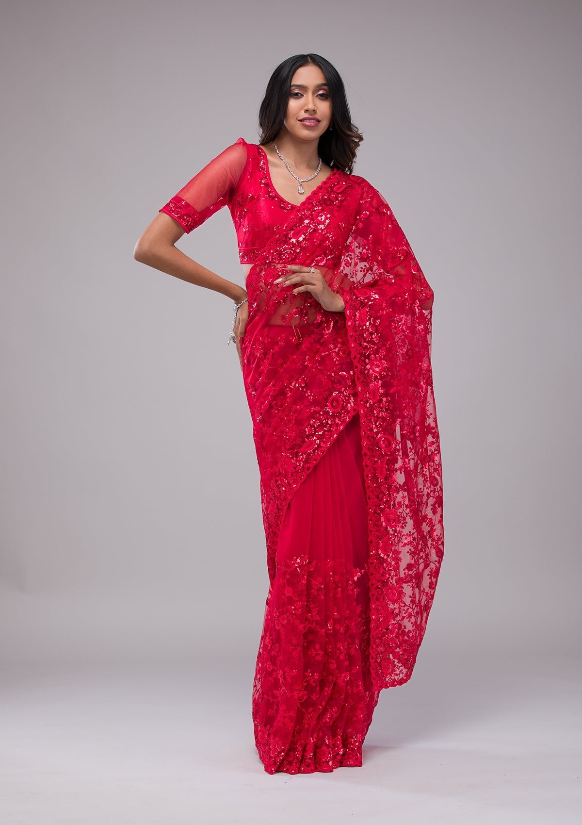 Glistening Red Sequined Net Saree