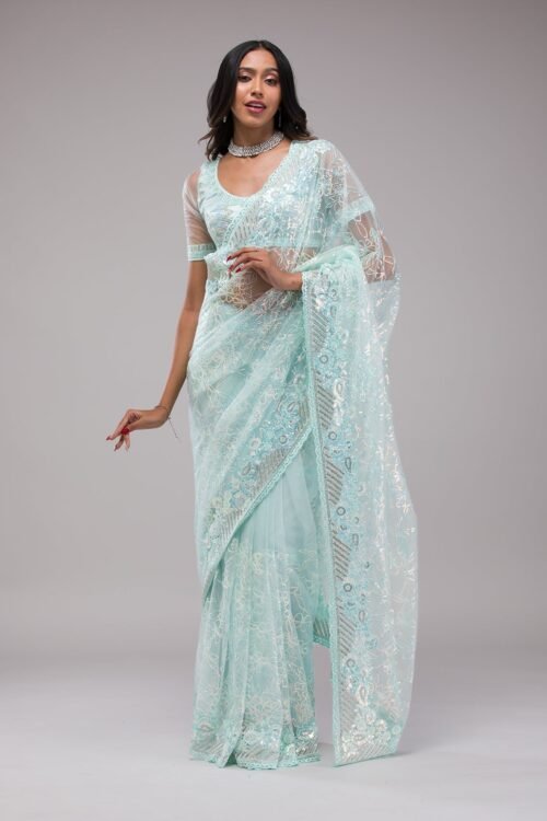 Stunning Sky Blue Sequined Net Saree